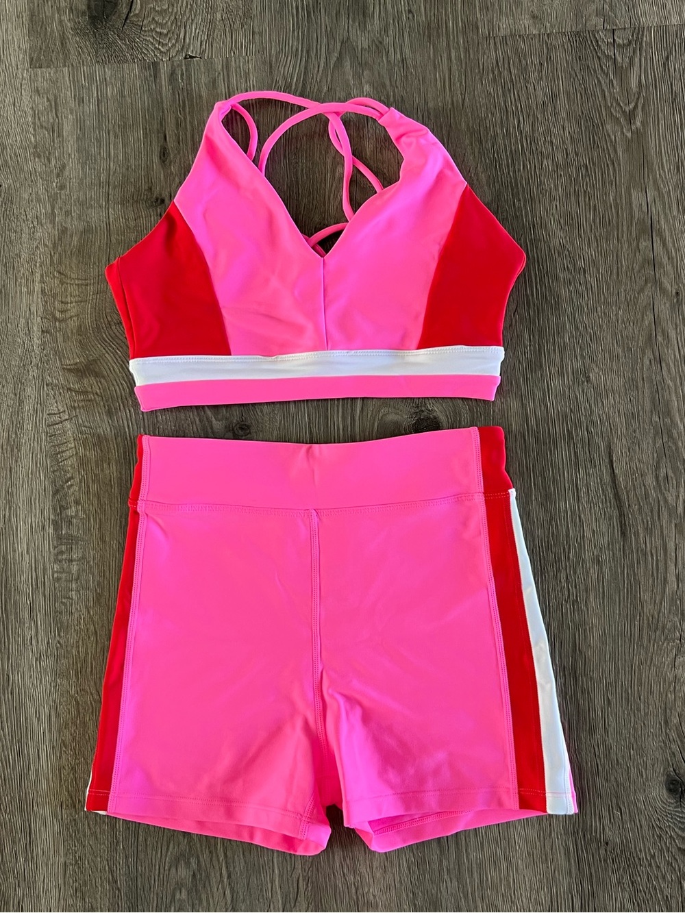 Girls' Hot Pink & Red “EveryTurn” Matching Set - Strappy Crop + Bike Shorts